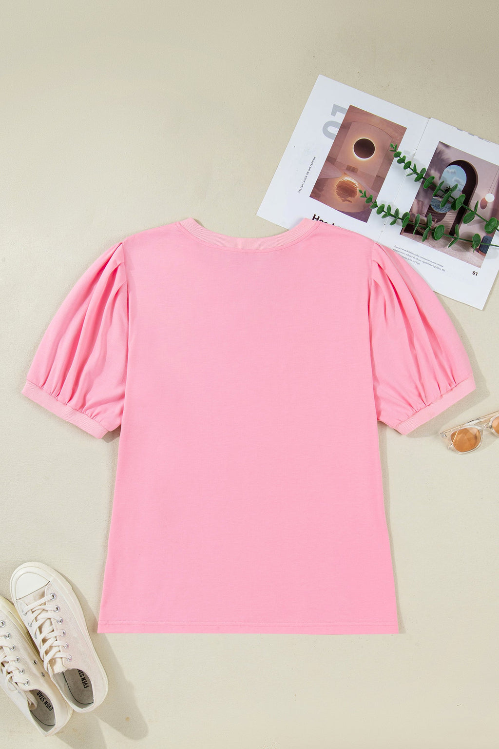 Bonbon V Neck Pleated Short Puff Sleeve Plus Size Blouse