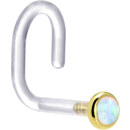 18G 1/4 Yellow Gold 2mm White Synthetic Opal Bioplast Nose Ring