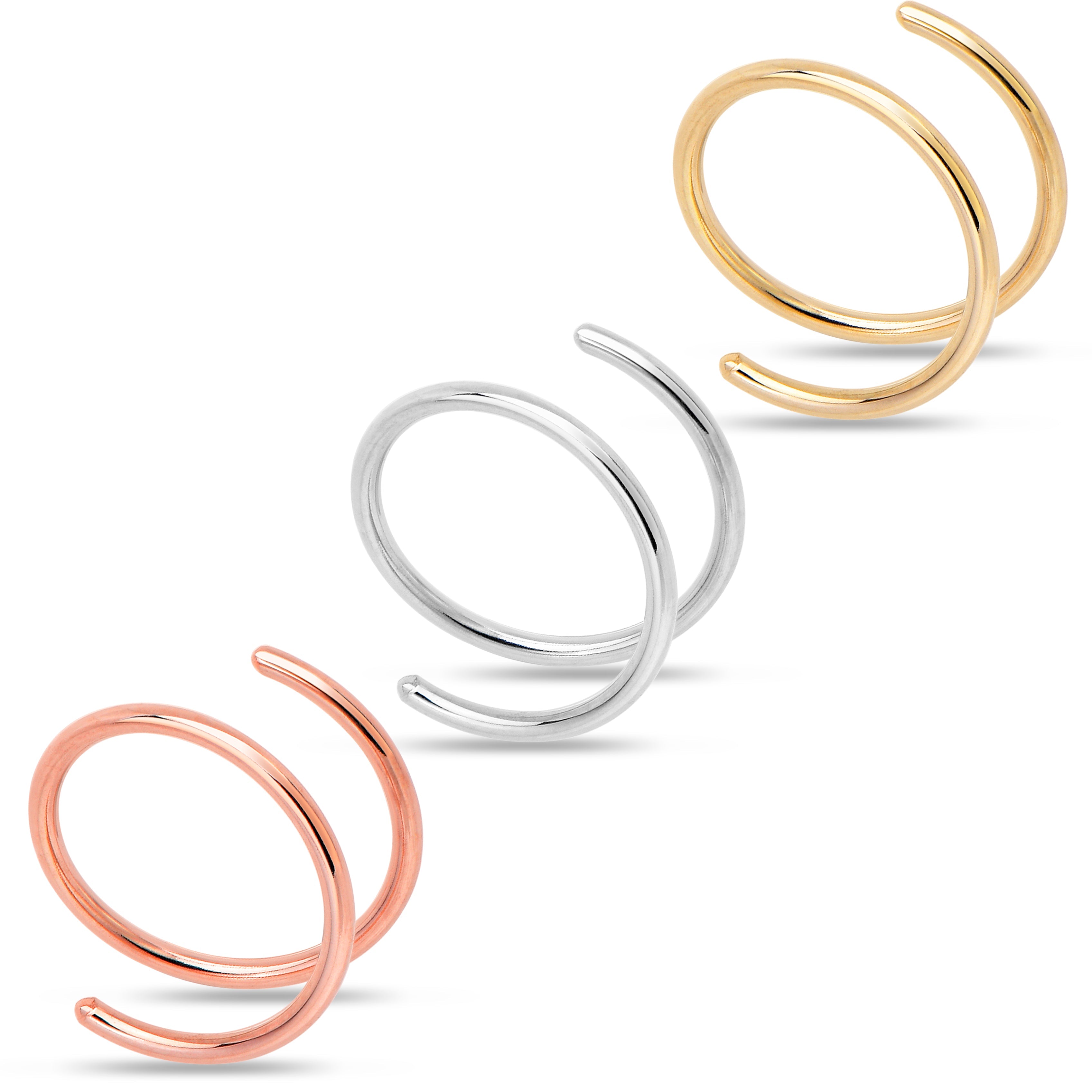 3Pack Double Hoop Nose 14k Gold Filled and 925 Silver Spiral Nose Rings 20G 8mm Left